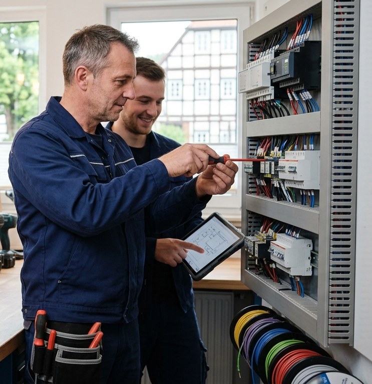 Zwei Elektroniker arbeiten gemeinsam an einem Schaltschrank