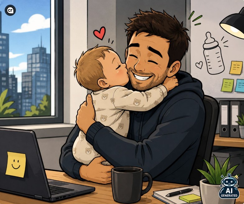 Illustration: Ein Vater umarmt sein Baby am Schreibtisch im Büro